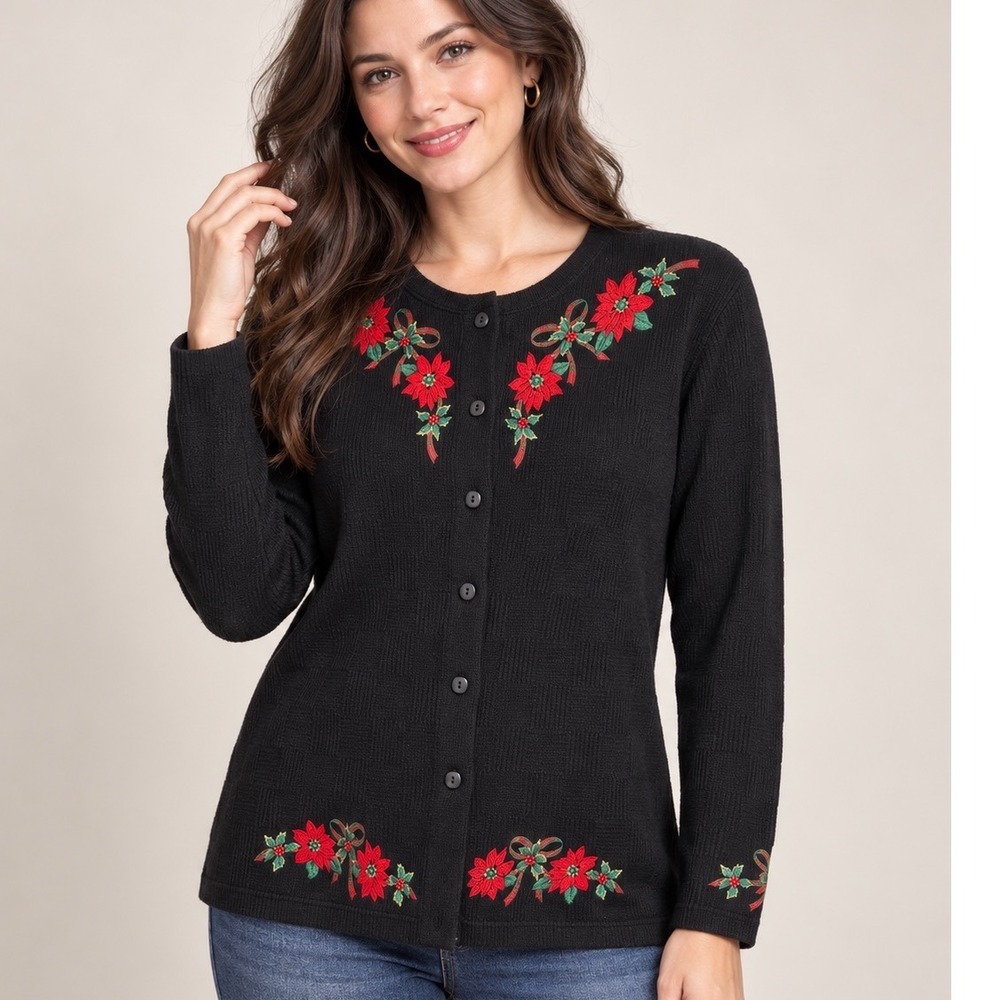 BonWorth Womens XL Black Poinsettia Embroidered Christmas Cardigan Sweater
